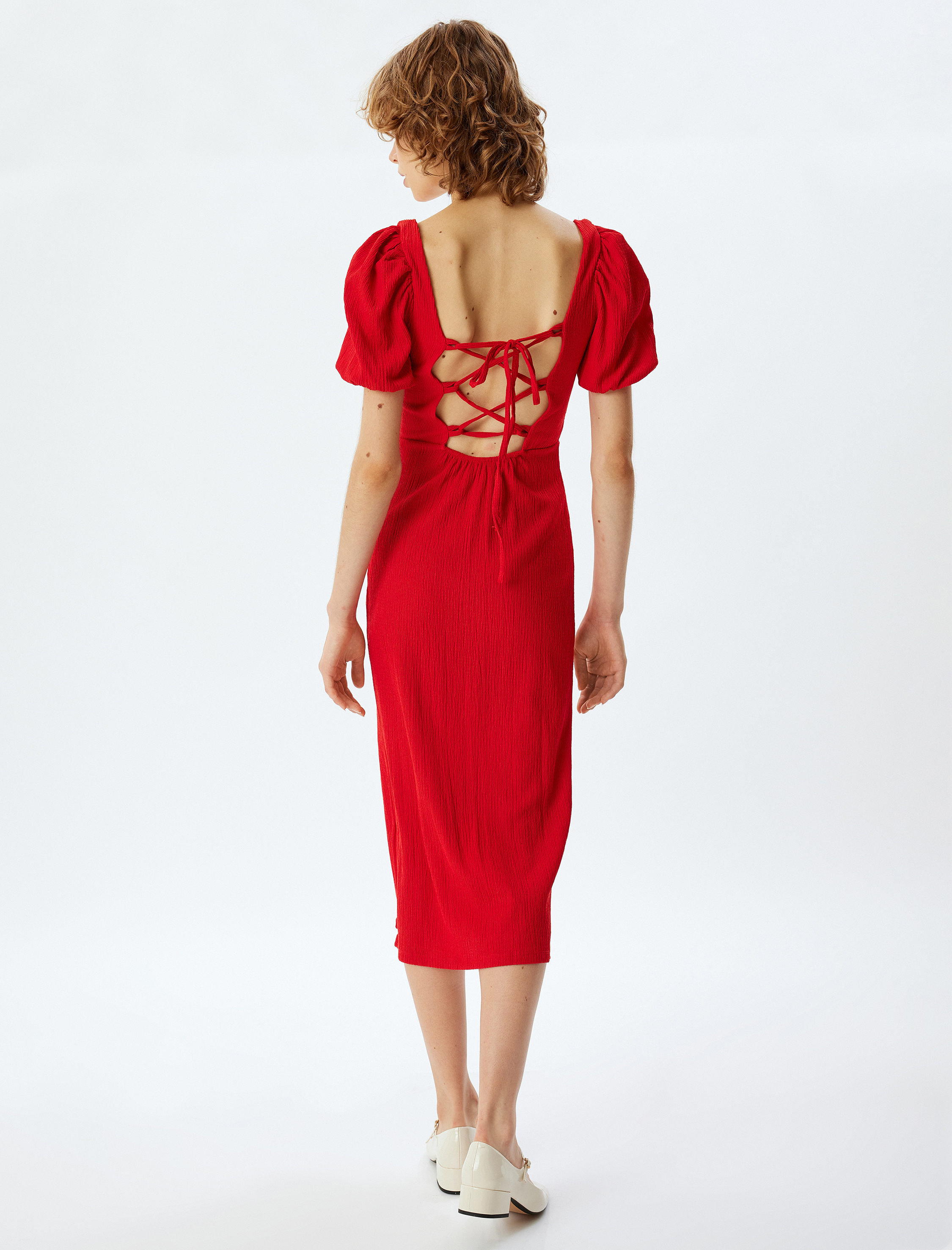 Balon Kol Elbise Bodycon Midi Boy Kare Yaka Sırtı Bağcıklı Yırtmaç Detaylı Bürümcük