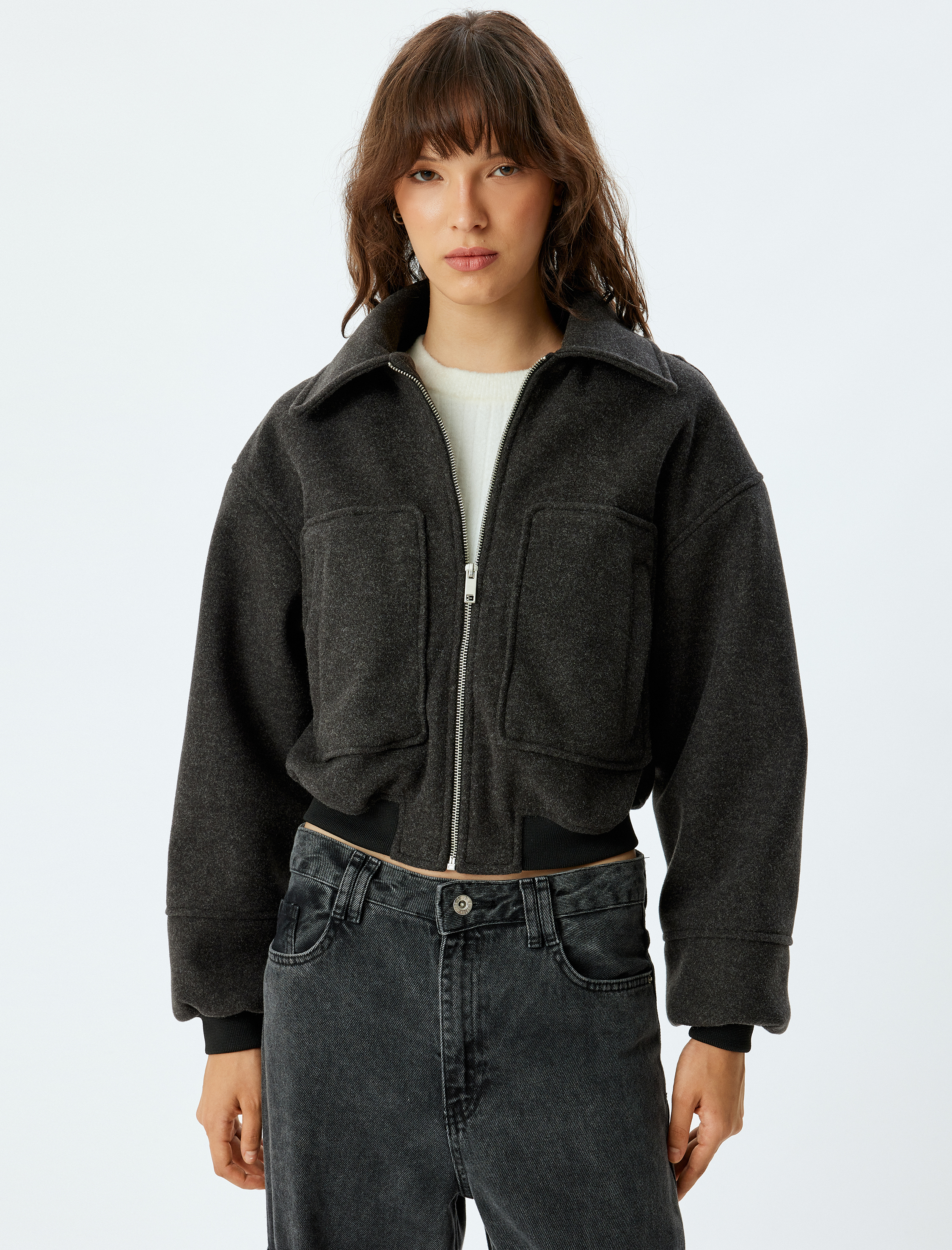 Fermuarlı Cepli Gömlek Yaka Bomber Ceket