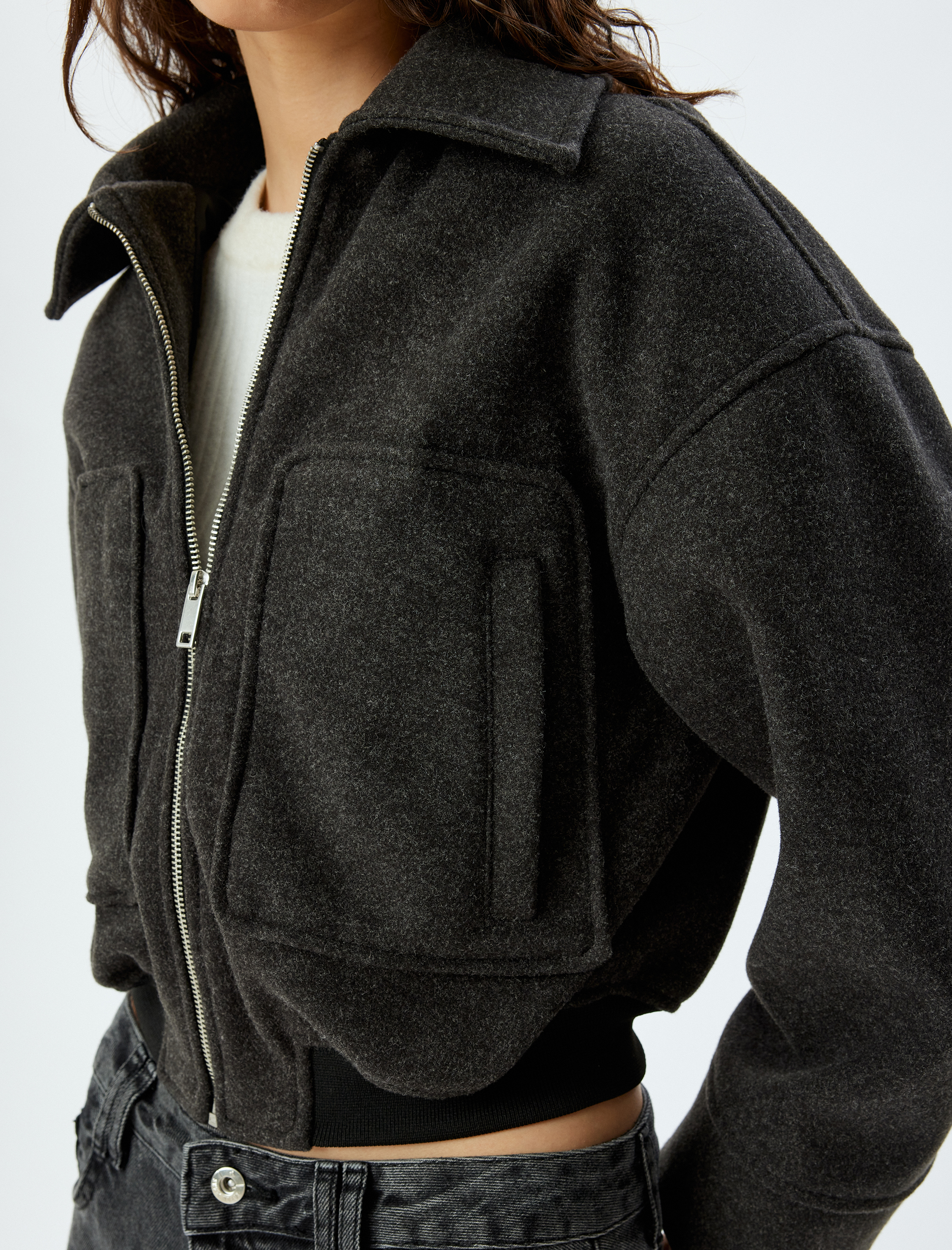 Fermuarlı Cepli Gömlek Yaka Bomber Ceket