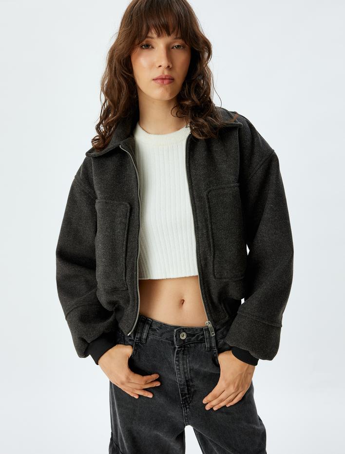  Fermuarlı Cepli Gömlek Yaka Bomber Ceket