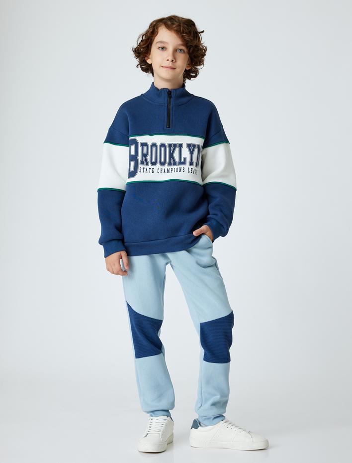 Erkek Çocuk Sweatshirt Dik Yaka Yarım Fermuarlı Baskı Detaylı Uzun Kollu Şardonlu