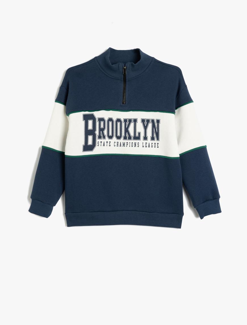  Erkek Çocuk Sweatshirt Dik Yaka Yarım Fermuarlı Baskı Detaylı Uzun Kollu