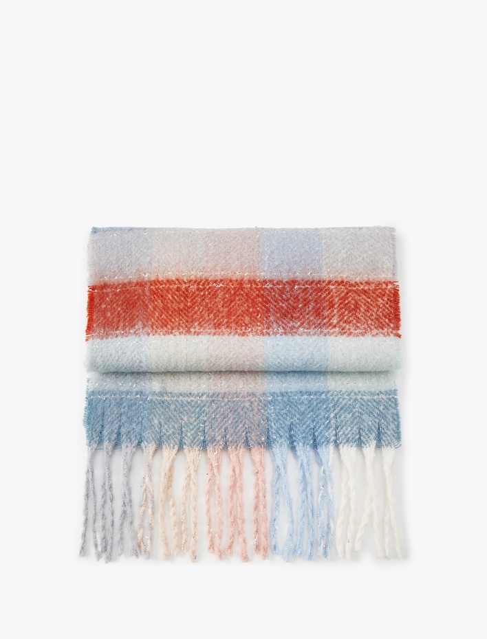 Kadın Uzun Atkı Ekose Desenli Çok Renkli Püsküllü