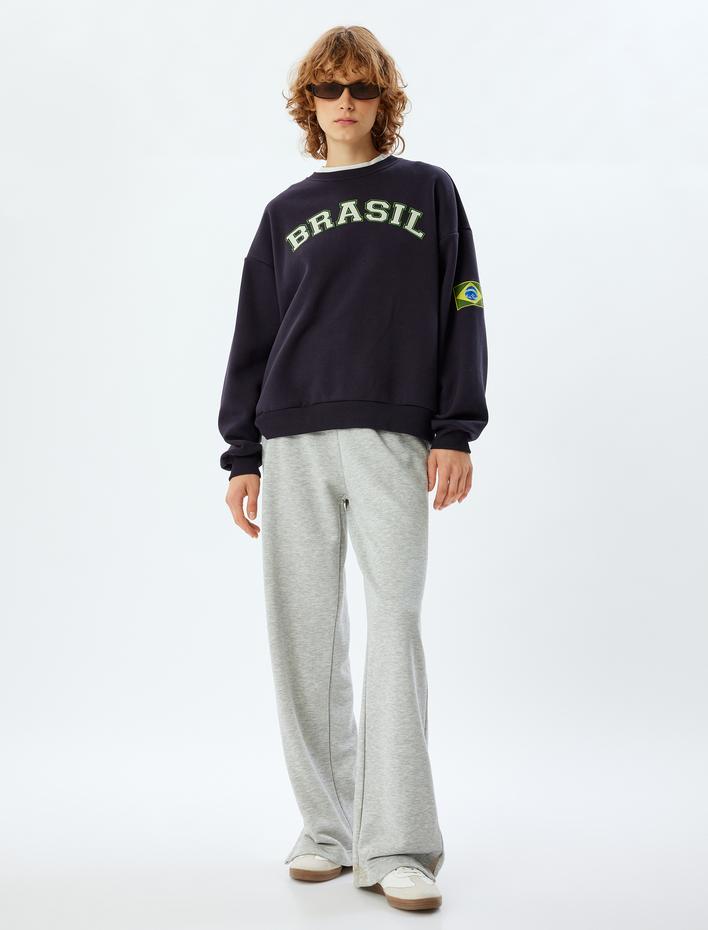  Arkası İşlemeli Sweatshirt Oversize Bisiklet Yaka Slogan Baskılı Şardonlu