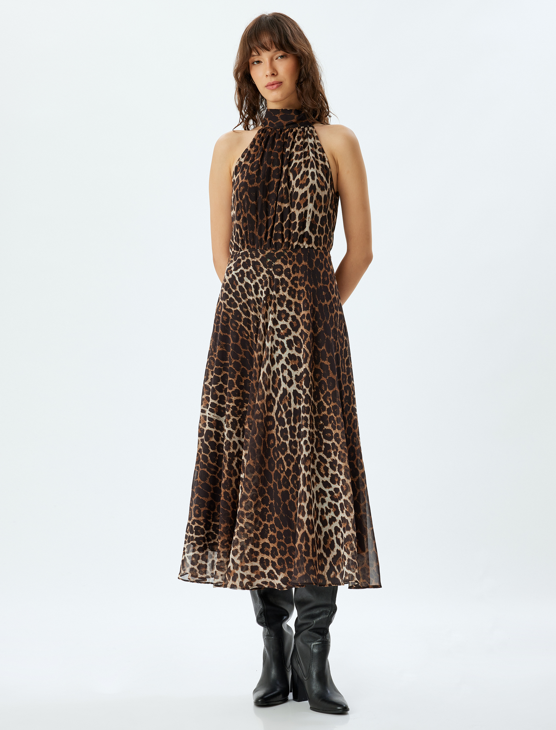   Uzun Leopar Elbise Halter Şal Yaka Pileli Kolsuz