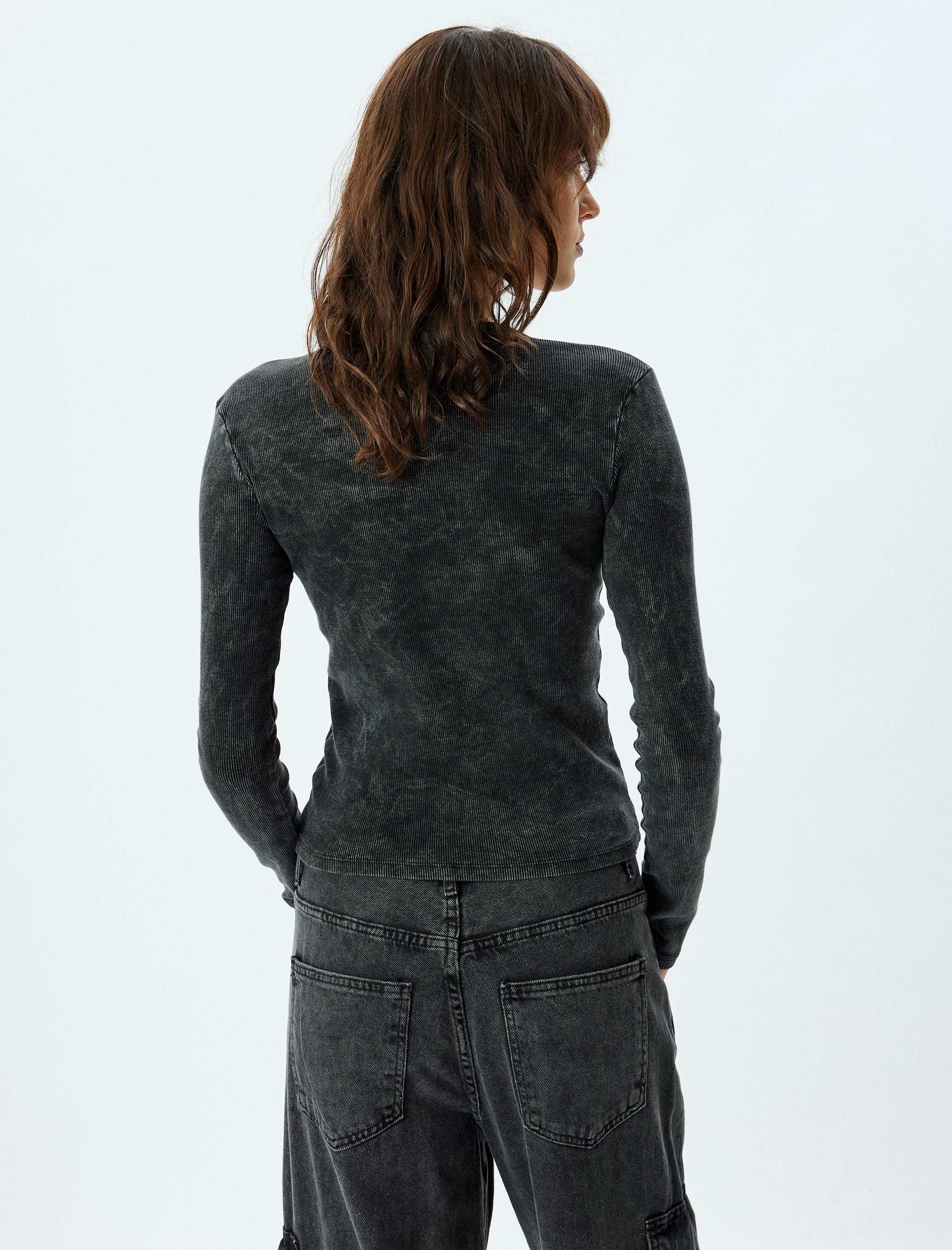   Uzun Kollu Fitilli Tişört Soluk Efektli Yuvarlak Yaka Slim Fit