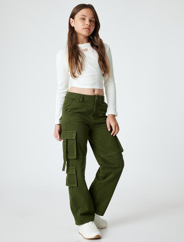 Kız Çocuk Kargo Kot Pantolon Cep Detaylı Pamuklu