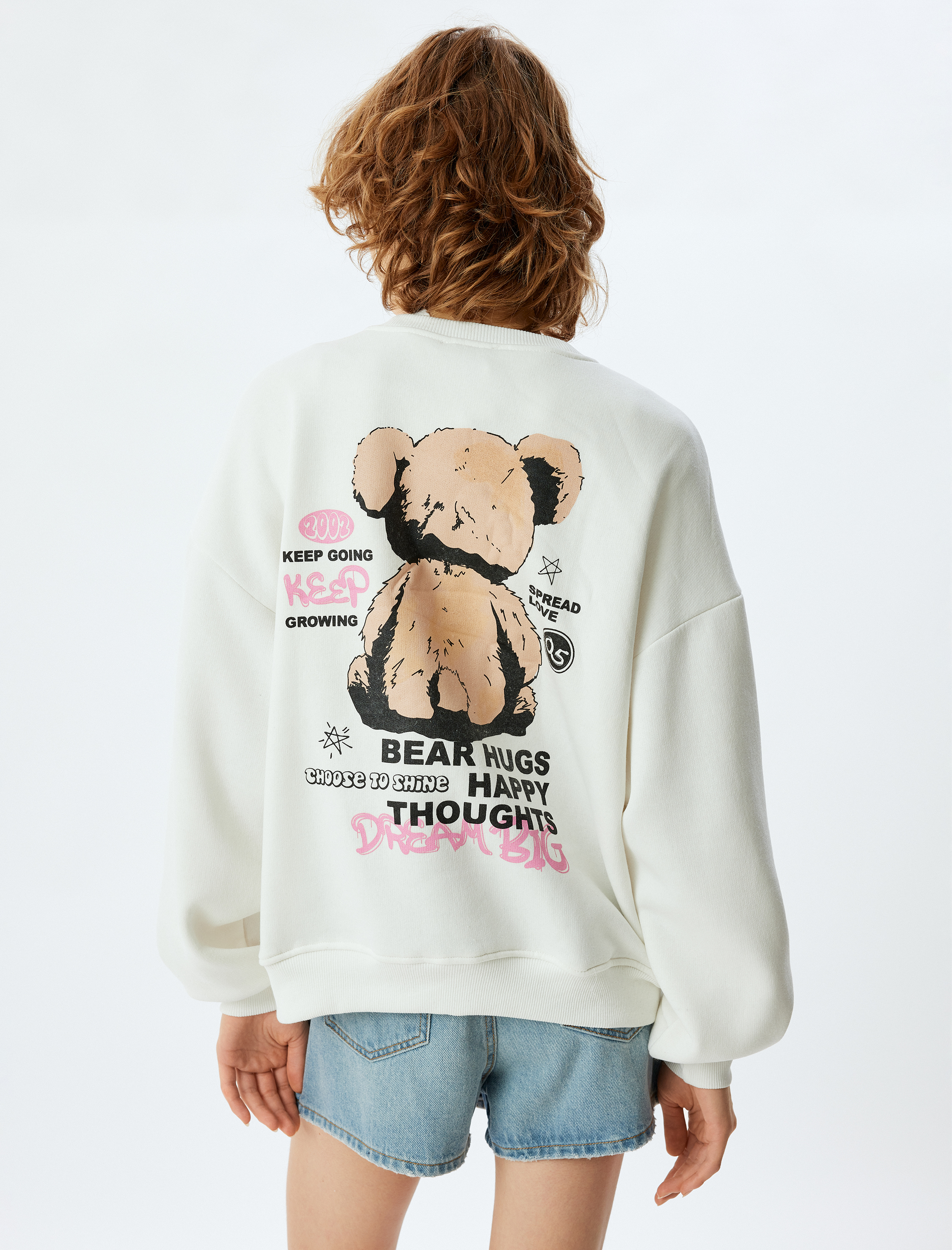   Oversize Sweatshirt Ayı Temalı Arkası Baskılı Bisiklet Yaka Şardonlu