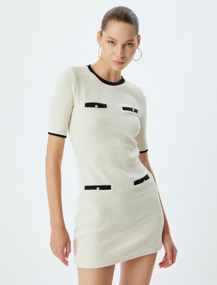  Mini Örme Cep Detaylı Kısa Kollu Bisiklet Yaka Elbise