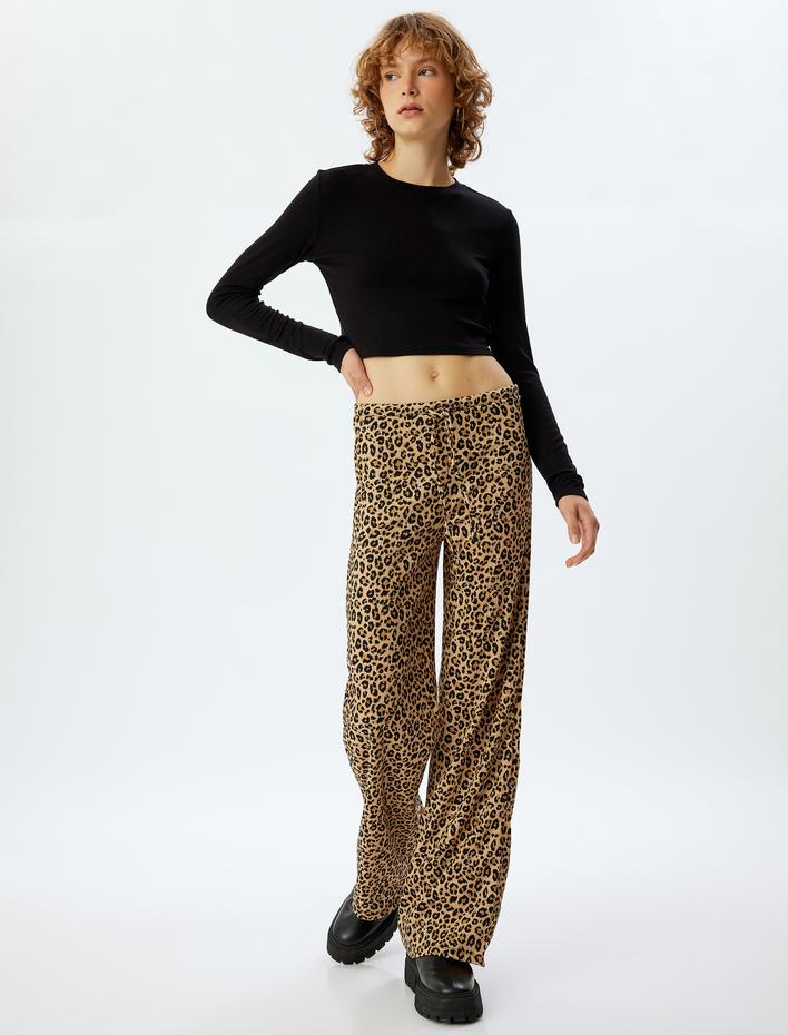  Leopar Pantolon Bol Paça Bağcıklı Yüksek Bel Bürümcük Rahat Kalıp