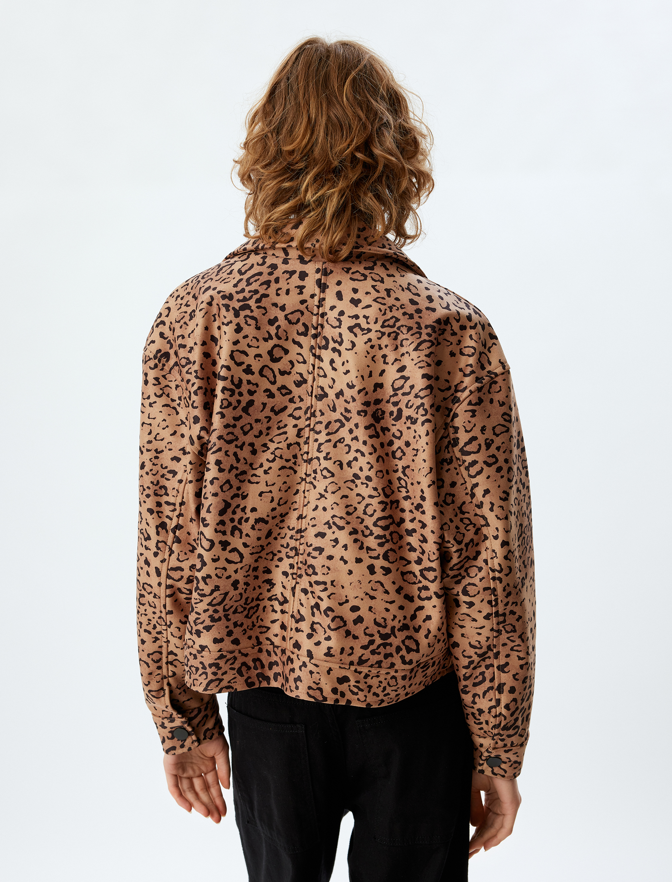 Leopar Ceket Fermuarlı Klasik Yaka Cep Detaylı