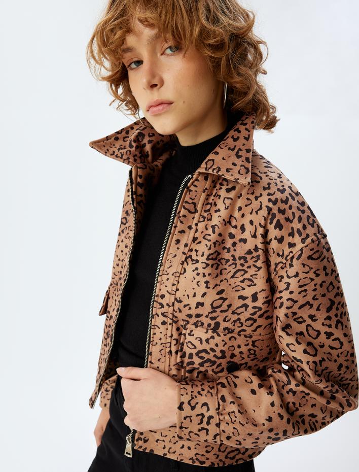  Leopar Ceket Fermuarlı Klasik Yaka Cep Detaylı