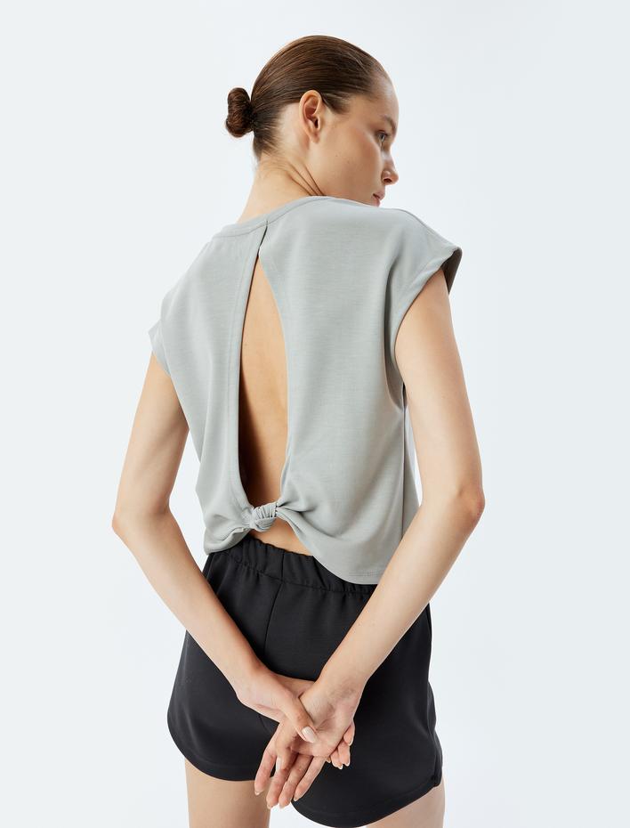  Spor Tişört Sırtı Pencere Detaylı Yarasa Kol Slogan Baskılı Kalın Modal Kumaş