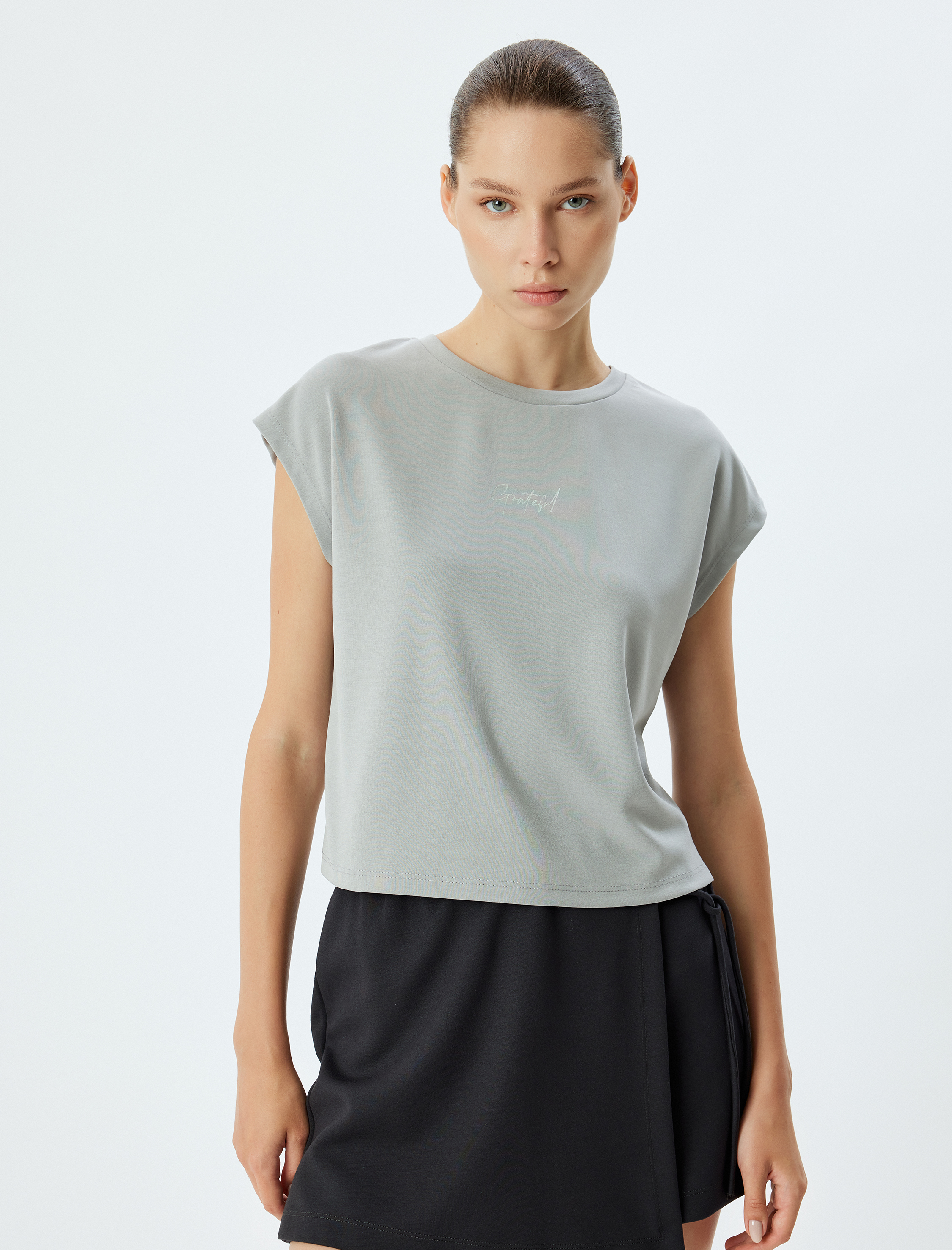   Spor Tişört Sırtı Pencere Detaylı Yarasa Kol Slogan Baskılı Kalın Modal Kumaş