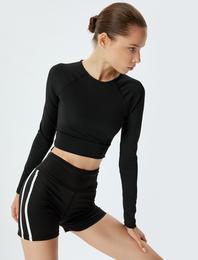 Spor Crop Tişört Uzun Kollu Bisiklet Yaka Bağlama Detaylı Slim Fit