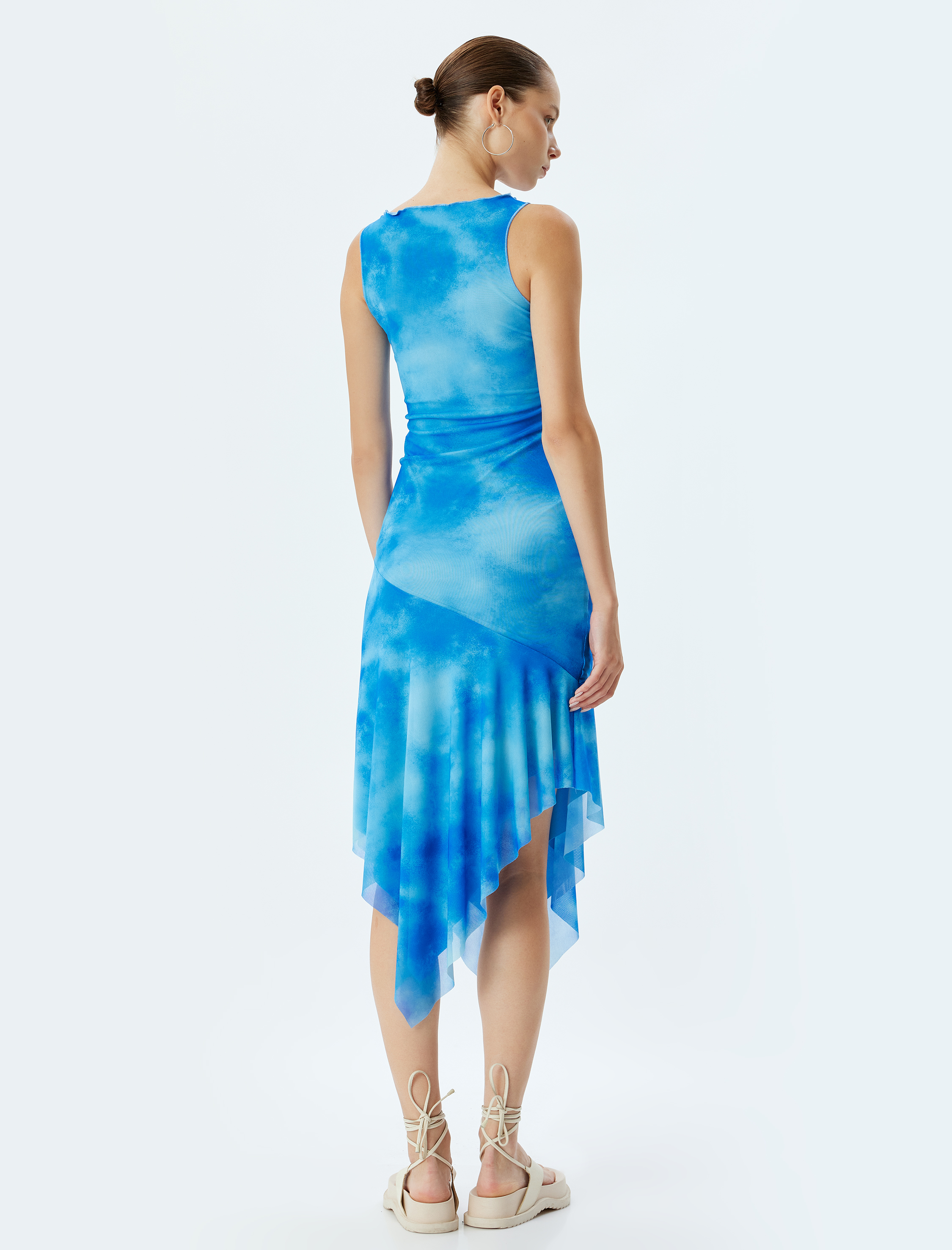   Midi Elbise Tül Kolsuz Soyut Desenli Drapeli Asimetrik Kesim Bisiklet Yaka