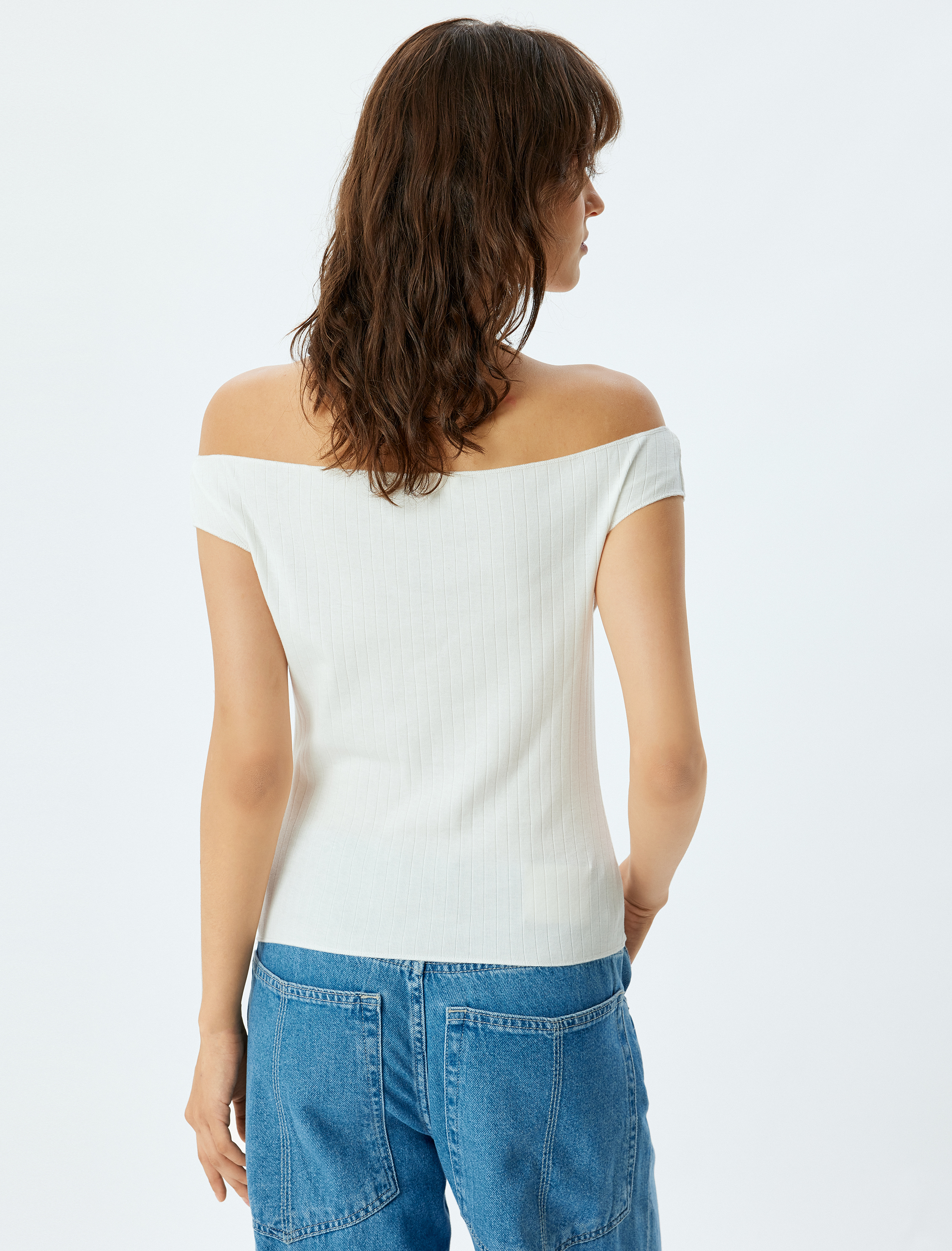   Omzu Açık Tişört İnci İşleme Detaylı Slim Fit Pamuklu