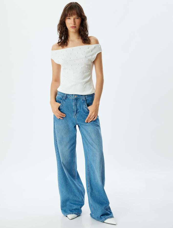  Omzu Açık Tişört İnci İşleme Detaylı Slim Fit Pamuklu