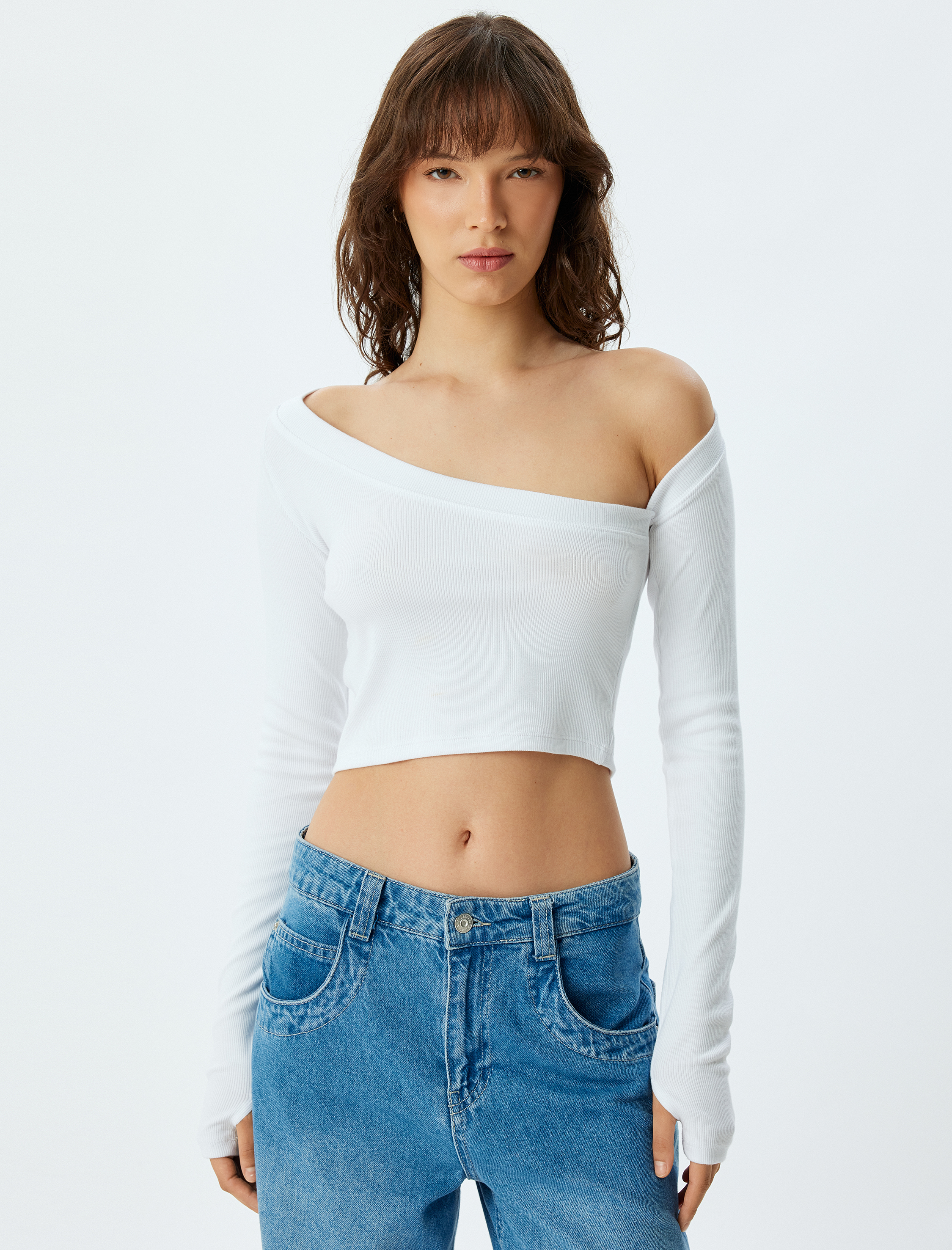 Asimetrik Omzu Açık Crop Tişört Uzun Kollu Slim Fit Pamuklu