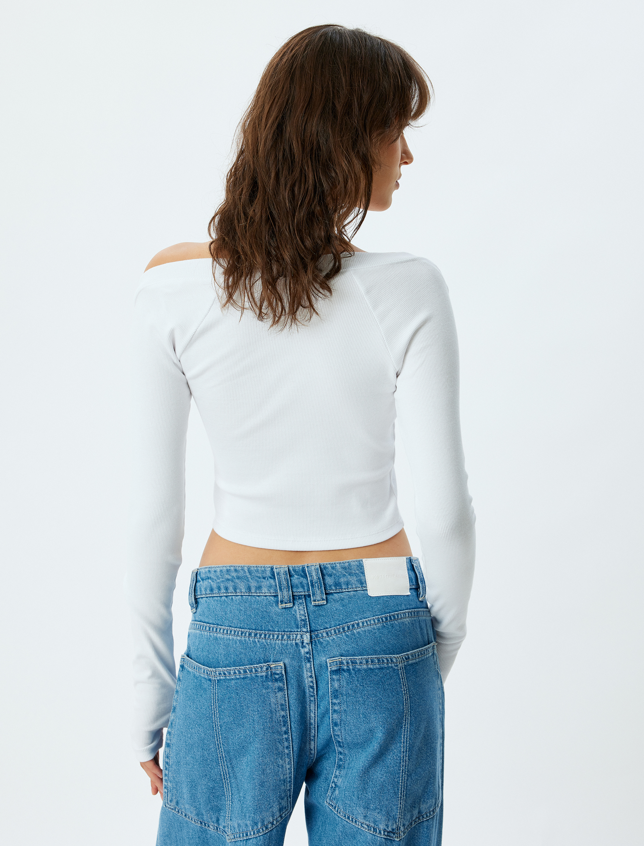 Asimetrik Omzu Açık Crop Tişört Uzun Kollu Slim Fit Pamuklu
