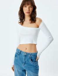 Asimetrik Omzu Açık Crop Tişört Uzun Kollu Slim Fit Pamuklu