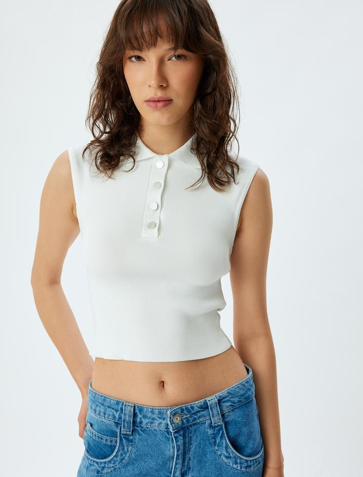  Kolsuz Düğmeli Polo Yaka Crop Triko Üst