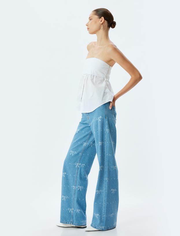 Geniş Paça Kot Pantolon Standart Bel Fiyonk Desenli Düğmeli Cepli - Wide Leg Jean_1