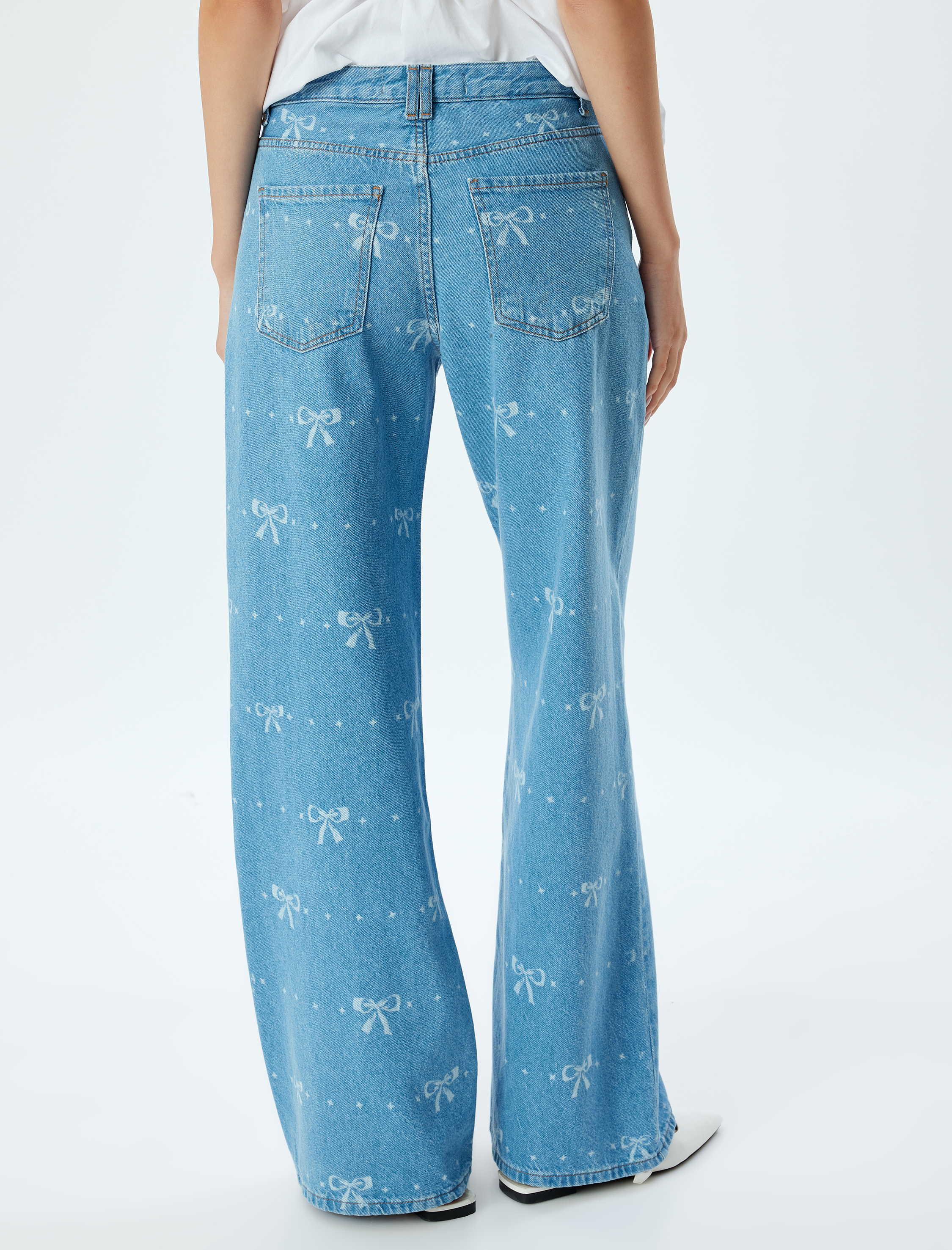 Geniş Paça Kot Pantolon Standart Bel Fiyonk Desenli Düğmeli Cepli - Wide Leg Jean
