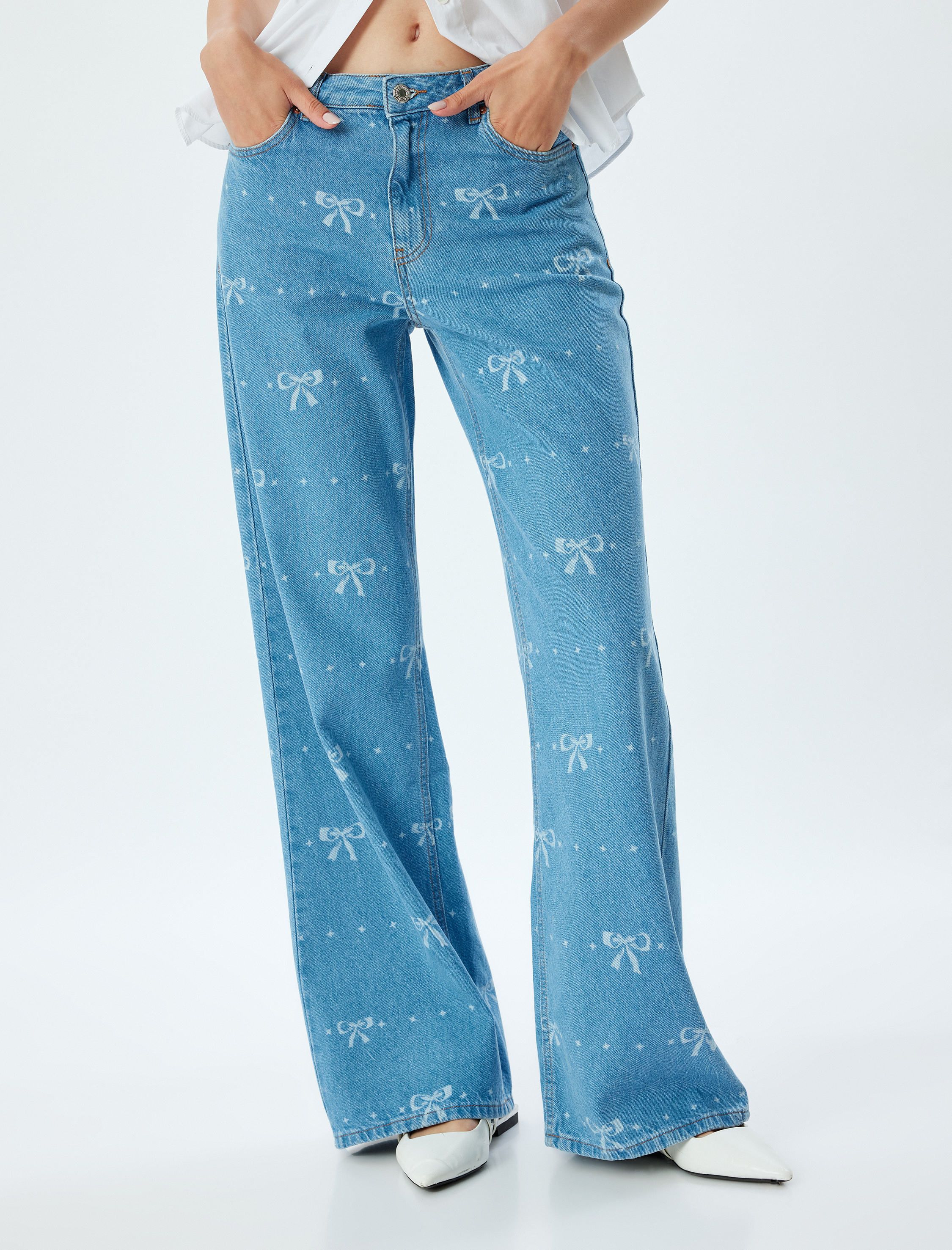 Geniş Paça Kot Pantolon Standart Bel Fiyonk Desenli Düğmeli Cepli - Wide Leg Jean
