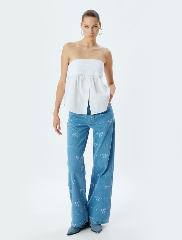 Geniş Paça Kot Pantolon Standart Bel Fiyonk Desenli Düğmeli Cepli - Wide Leg Jean_0