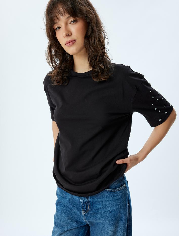  Bisiklet Yaka Pamuklu Taşlı Kısa Kollu Tişört