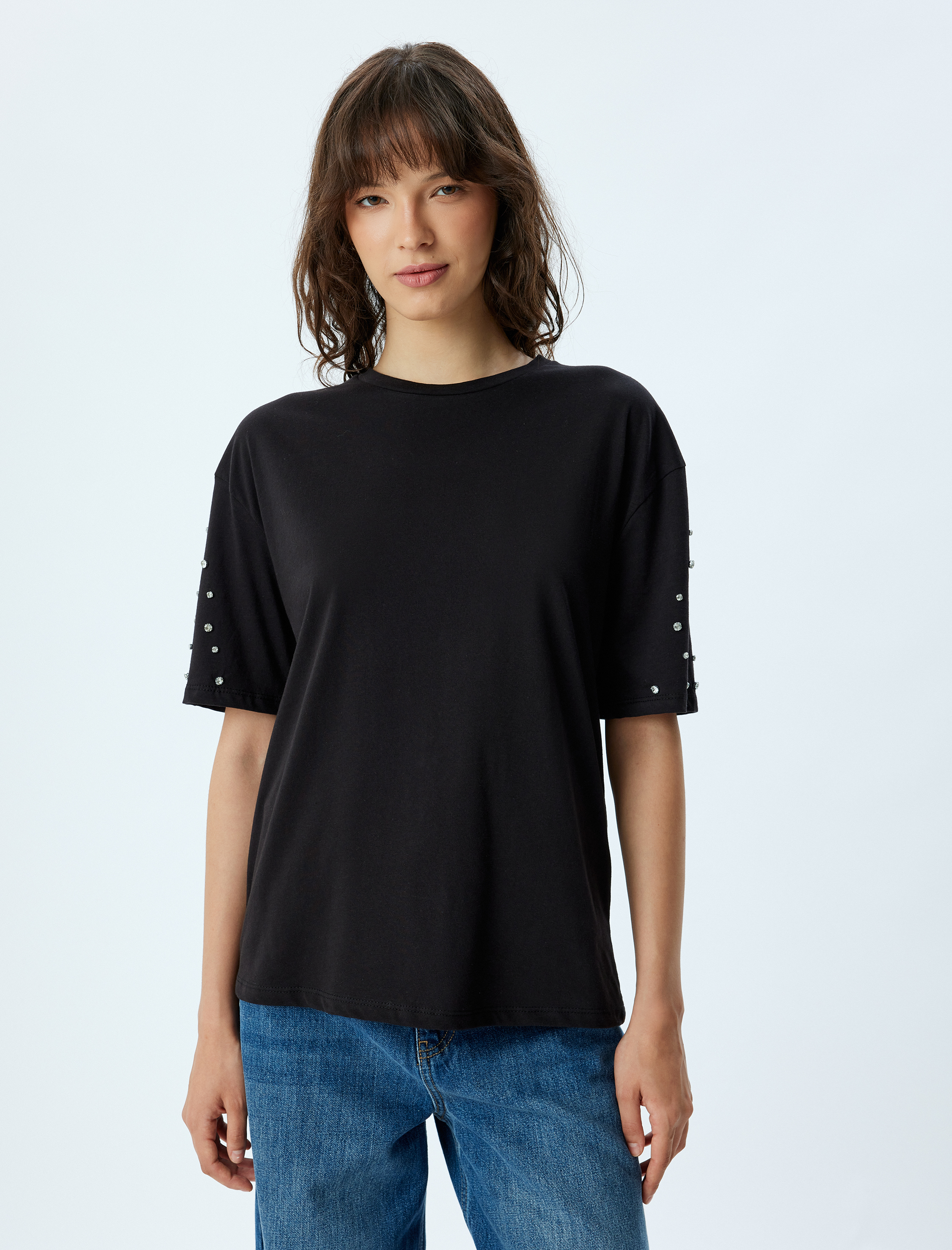   Bisiklet Yaka Pamuklu Taşlı Kısa Kollu Tişört