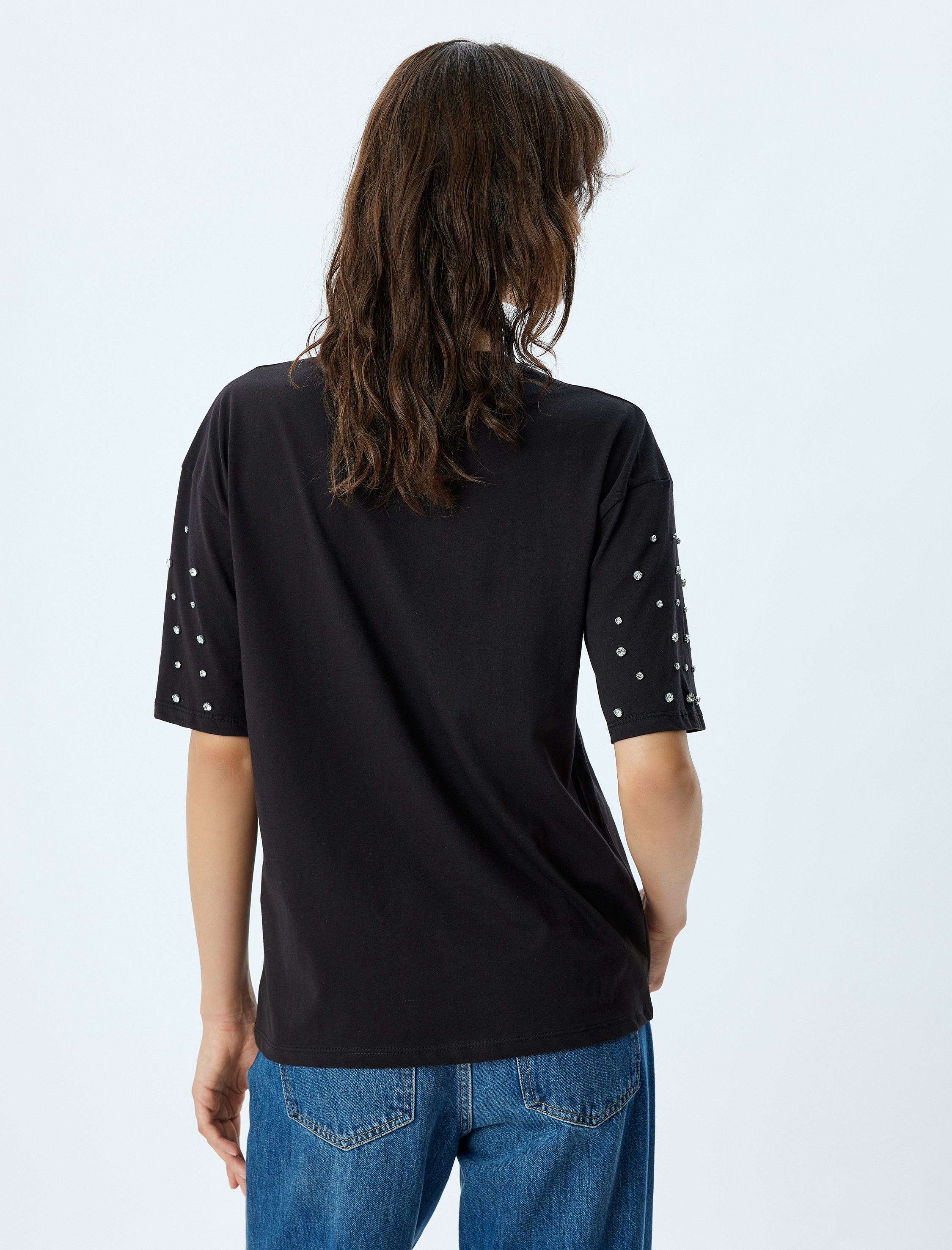   Bisiklet Yaka Pamuklu Taşlı Kısa Kollu Tişört