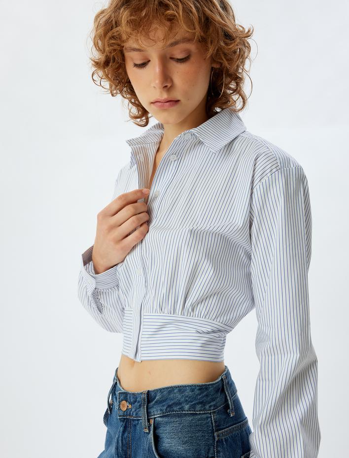  Crop Gömlek Uzun Kollu Klasik Yaka Düğmeli Gipeli Slim Fit