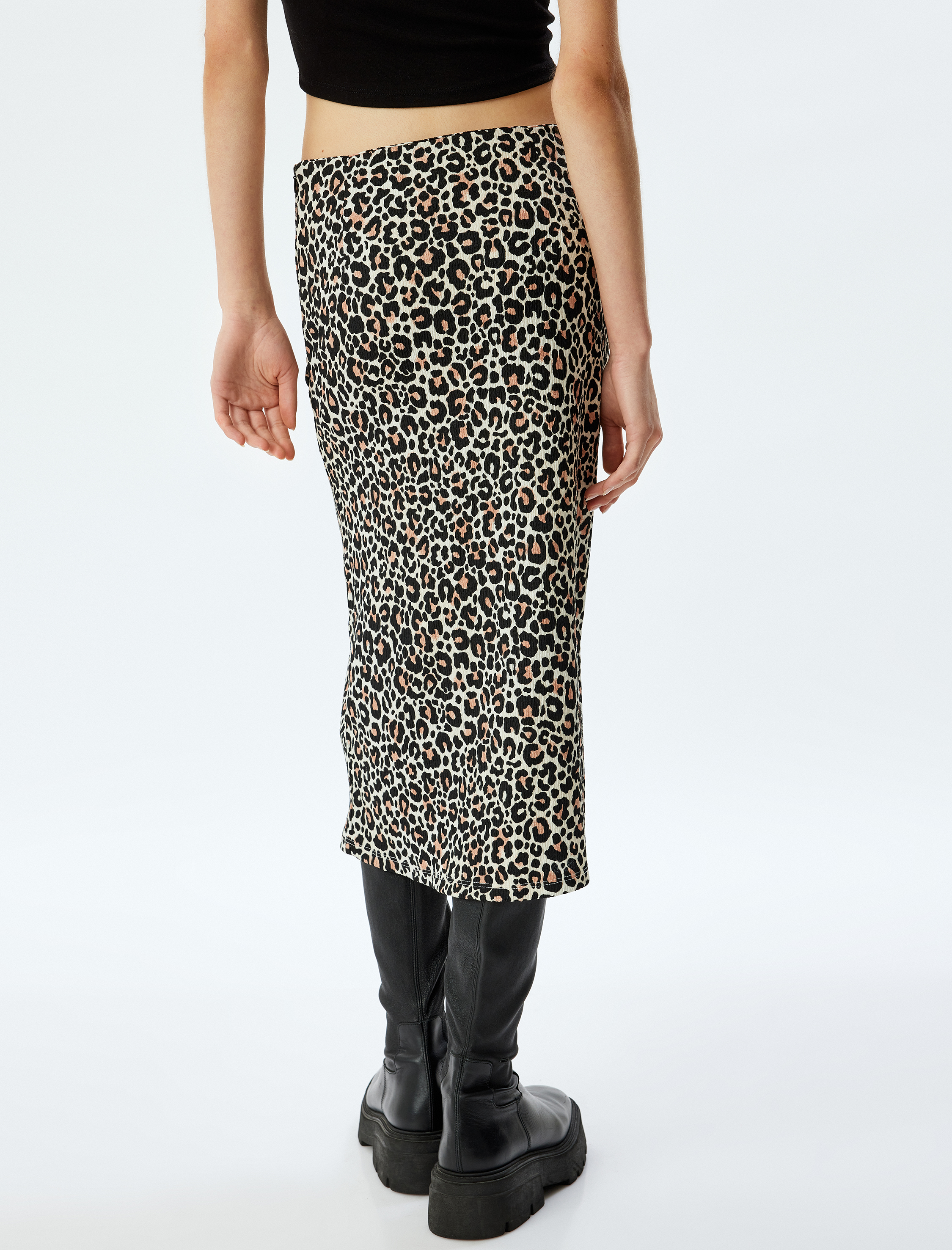 Leopar Desenli Midi Drapeli Yırtmaç Detaylı Etek Bürümcük