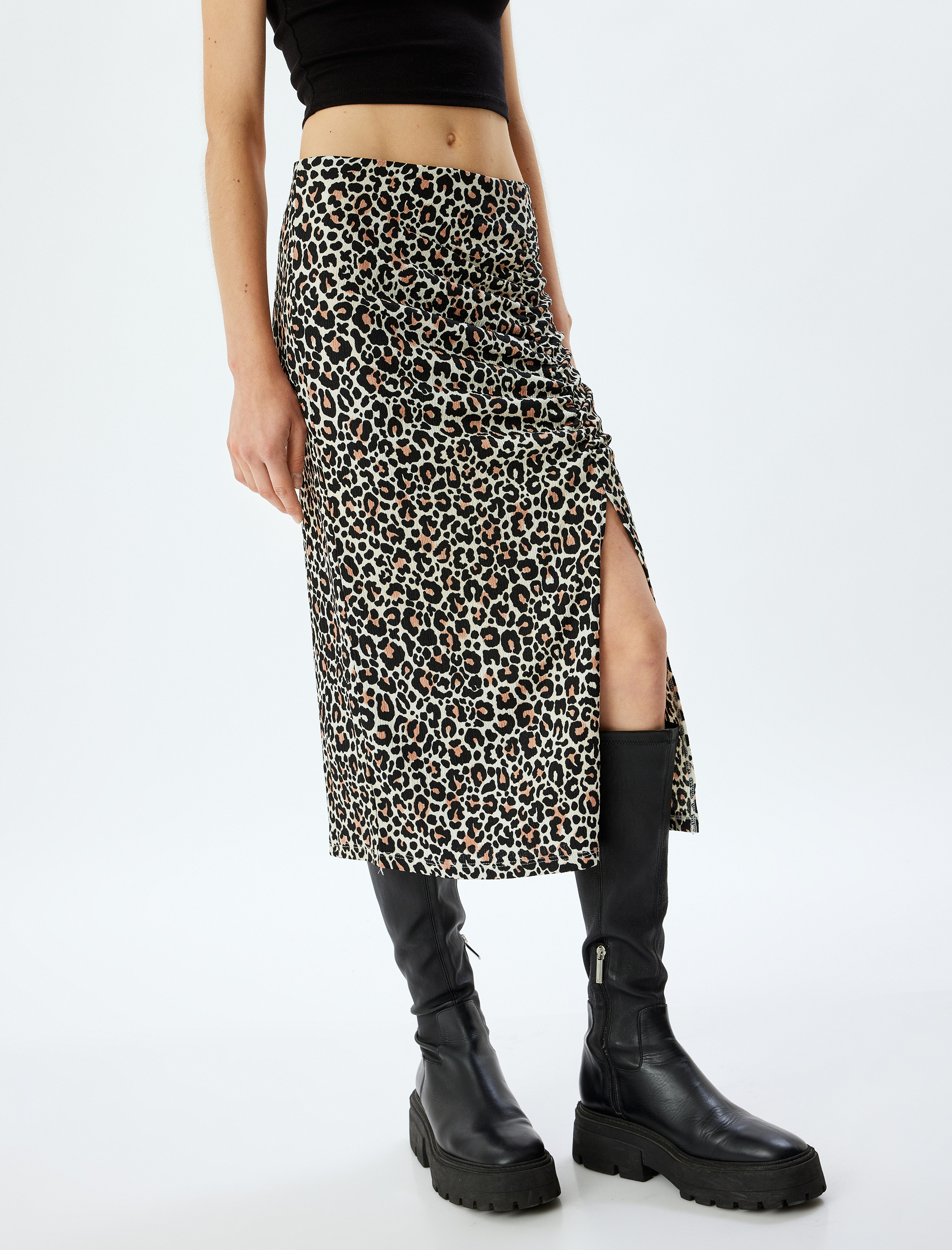 Leopar Desenli Midi Drapeli Yırtmaç Detaylı Etek Bürümcük