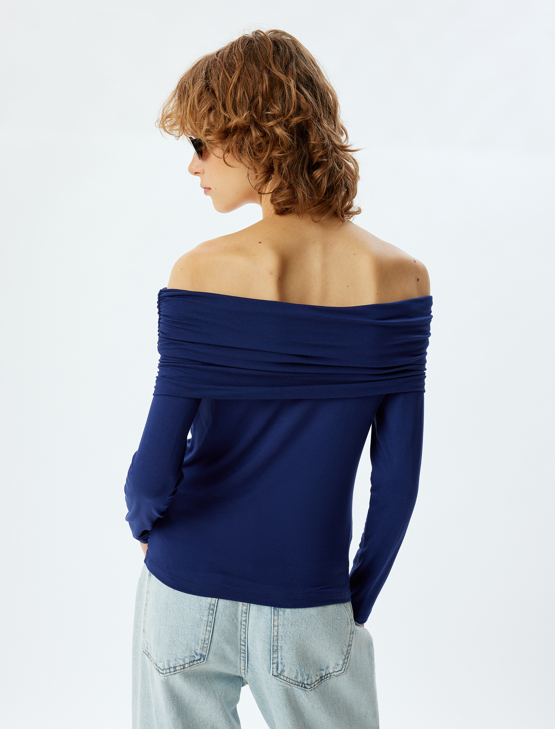   Uzun Kollu Omzu Açık Body Madonna Yaka Drapeli Slim Fit