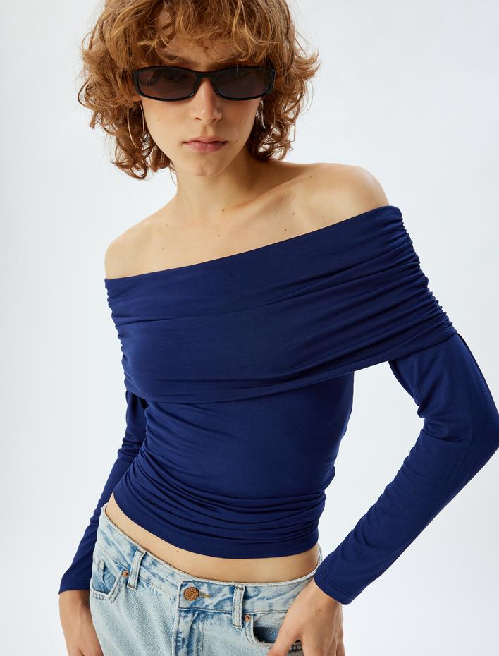  Uzun Kollu Omzu Açık Body Madonna Yaka Drapeli Slim Fit