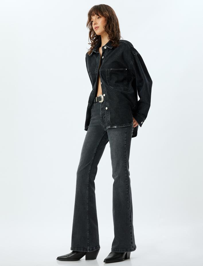  İspanyol Paça Kot Pantolon Slim Fit Yüksek Bel Düğmeli - Flare Jean