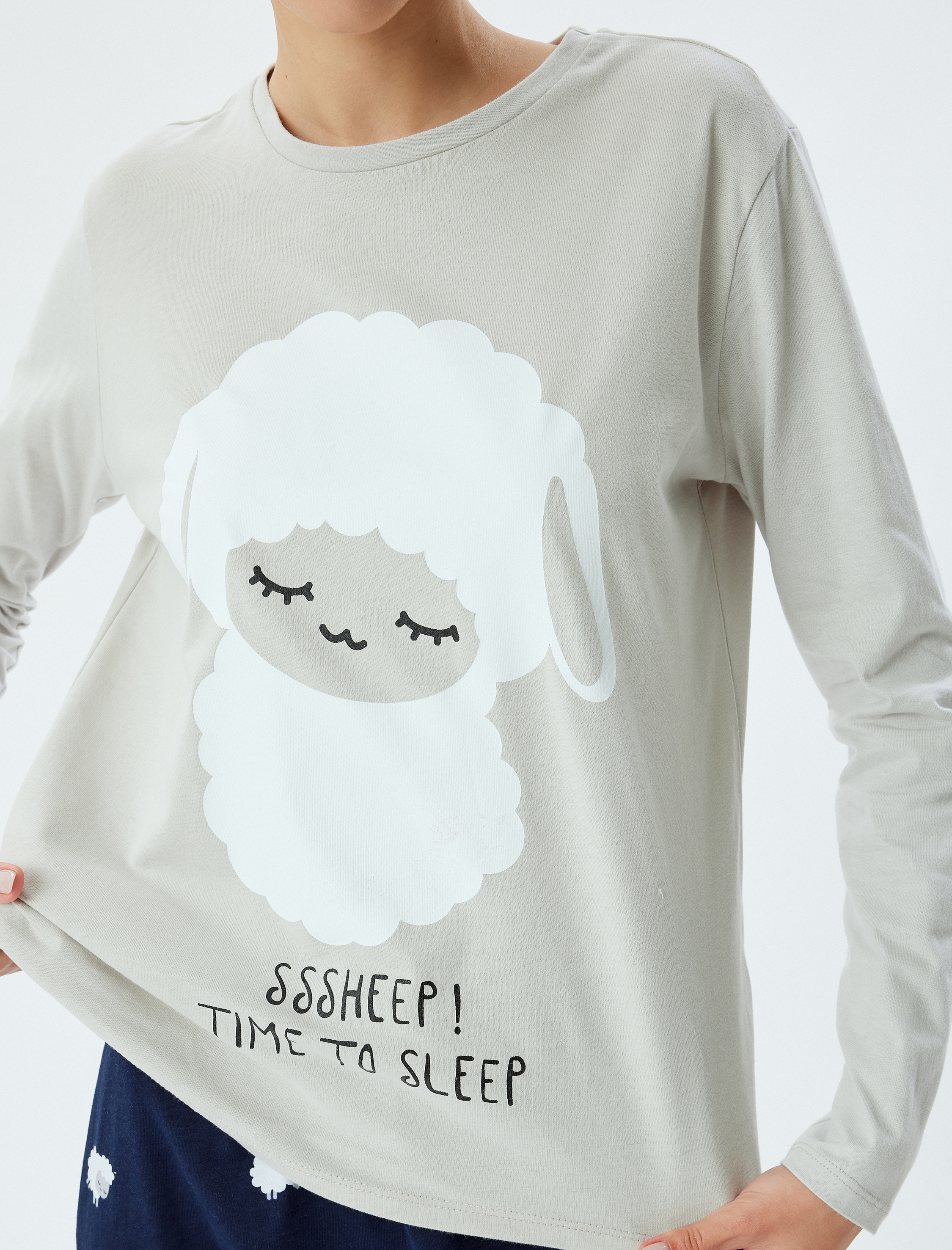   Pamuklu Pijama Takımı Baskılı Uzun Kollu Tişört ve Alt