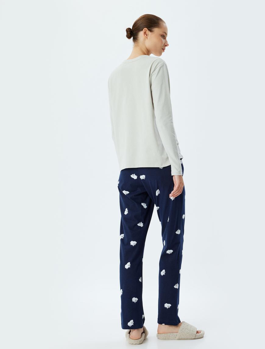   Pamuklu Pijama Takımı Baskılı Uzun Kollu Tişört ve Alt