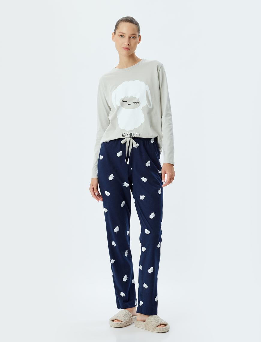   Pamuklu Pijama Takımı Baskılı Uzun Kollu Tişört ve Alt