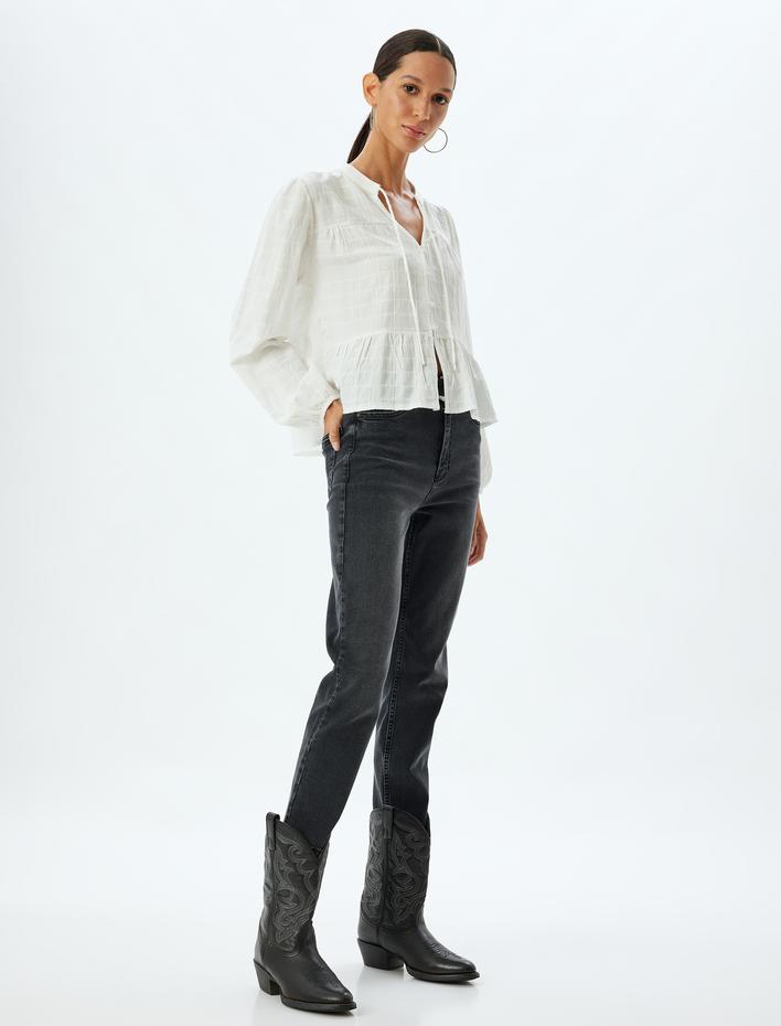  Yüksek Bel Kot Pantolon Slim Fit Düğmeli Pamuklu - Slim Fit Jean