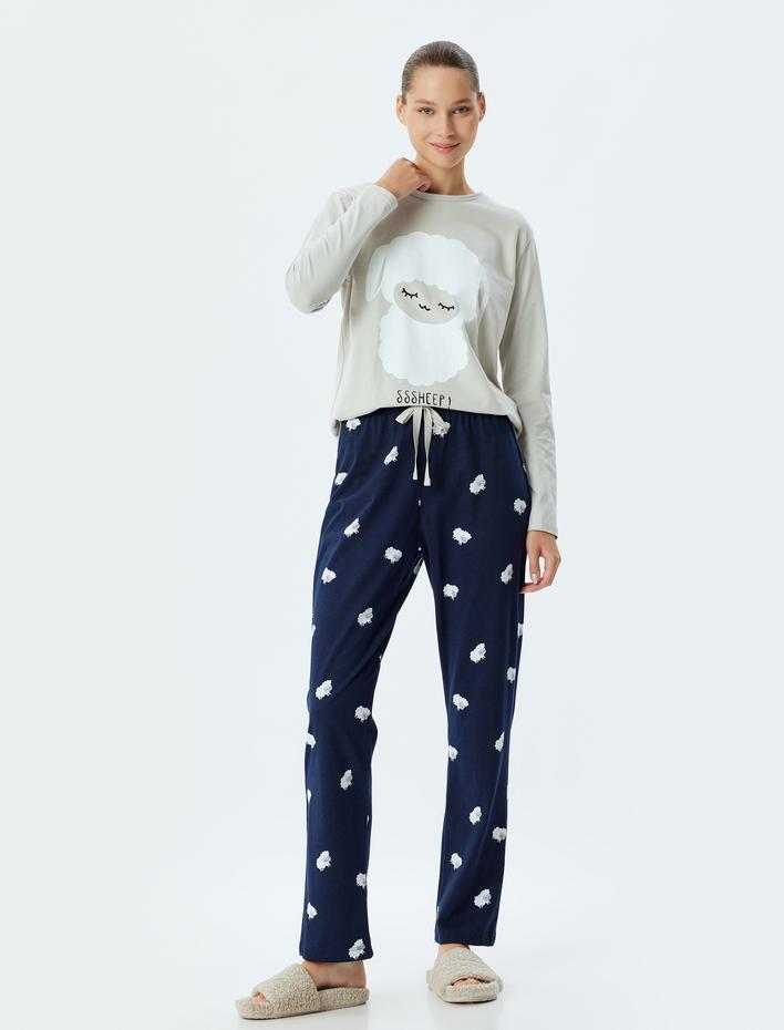  Pamuklu Pijama Takımı Baskılı Uzun Kollu Tişört ve Alt