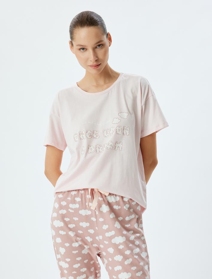  Örgü Pijama Takımı Bulut Baskılı Pamuklu Rahat Kalıp