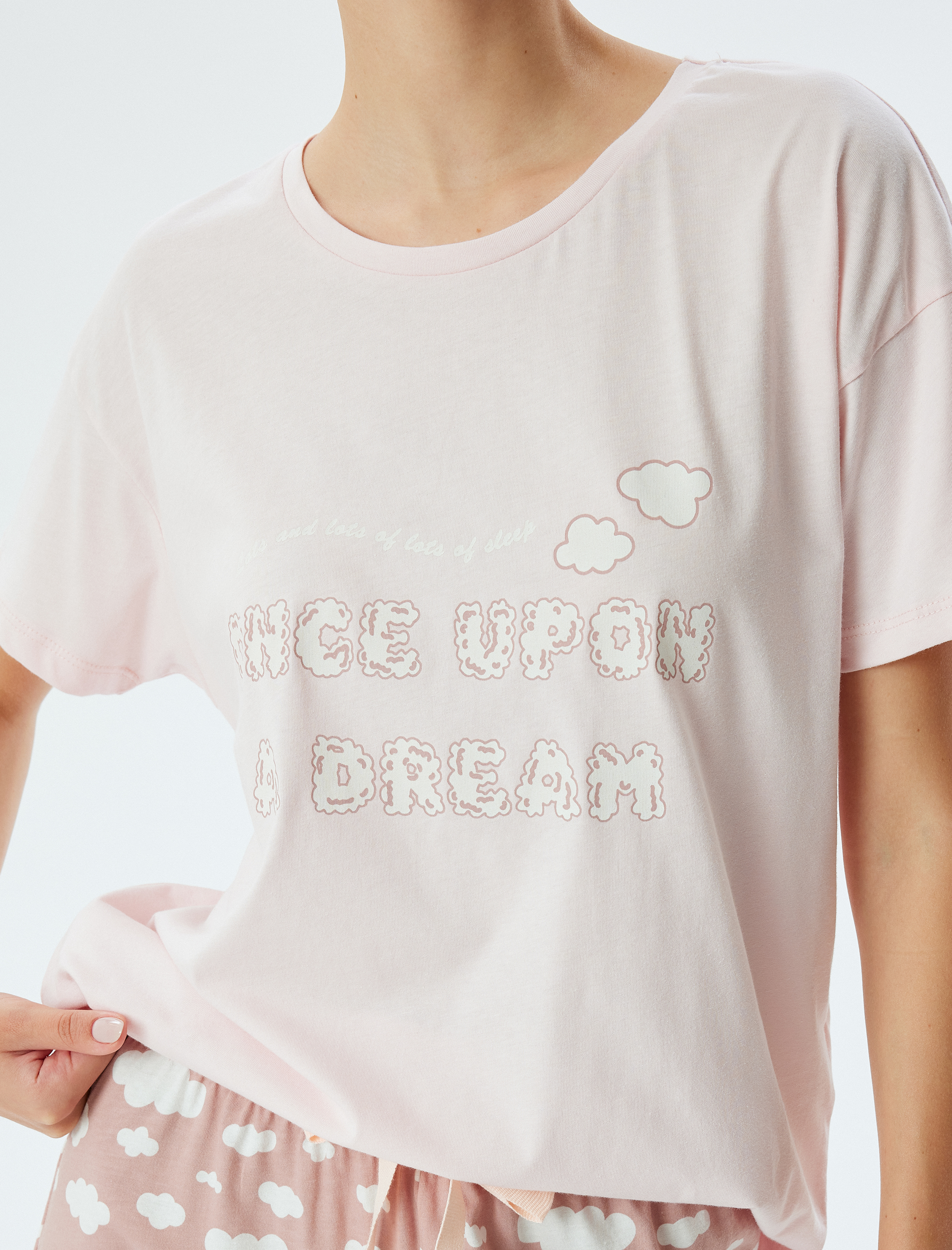 Örgü Pijama Takımı Bulut Baskılı Pamuklu Rahat Kalıp