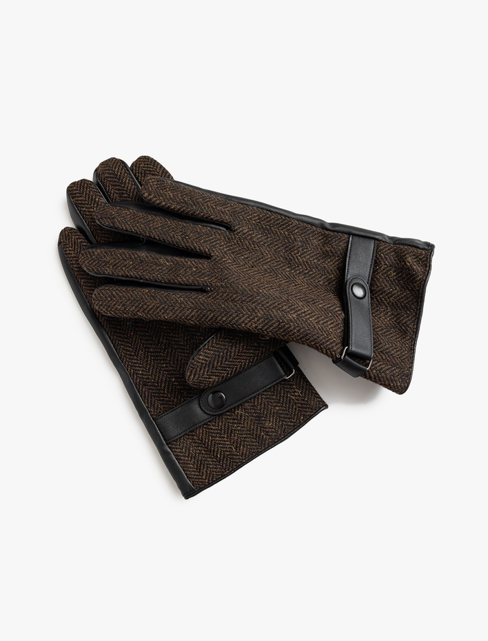 Erkek Suni Deri Eldiven Balıksırtı Desenli Çıt Çıt Düğme Detaylı