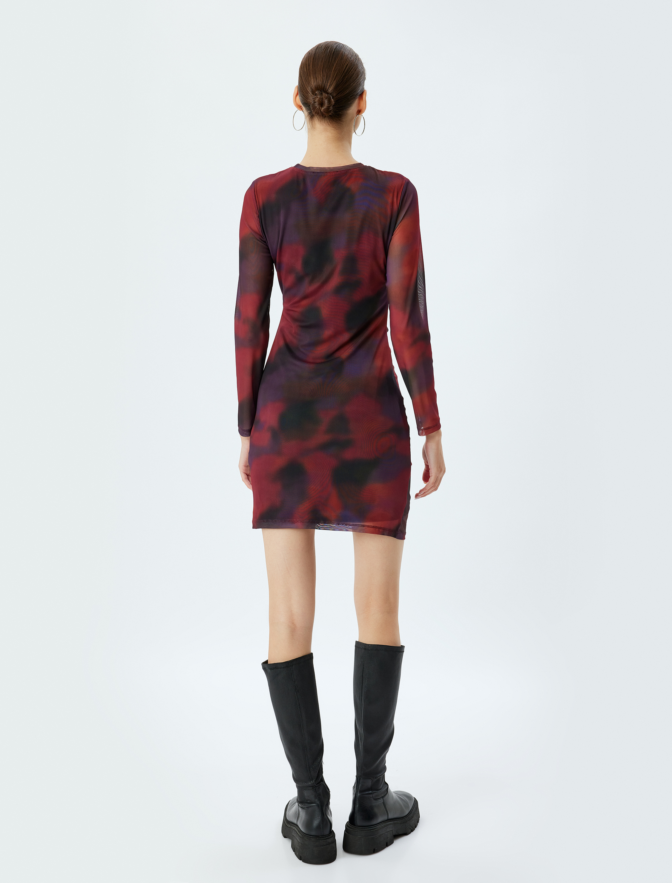   Tül Elbise Mini Drapeli Batik Desenli Bisiklet Yaka Uzun Kollu Slim Fit