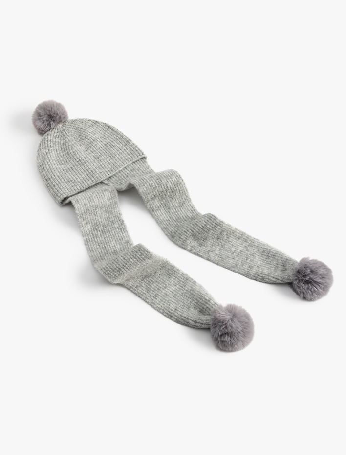 Erkek Çocuk Atkılı Bere Detaylı Ponponlu