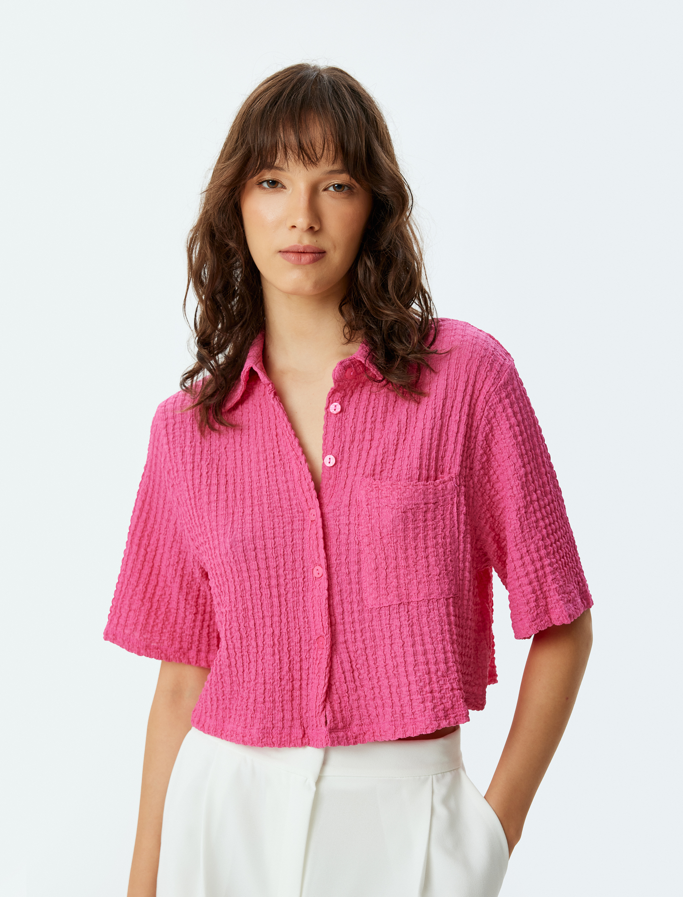   Dokulu Kısa Kollu Gömlek Cep Detaylı Rahat Kalıp